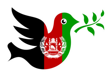 METAPHOR MEANING: Dove with olive branch in colors of Afghanistan as metaphor of peace and ceasefire in Afghan state after civil war and military conflict