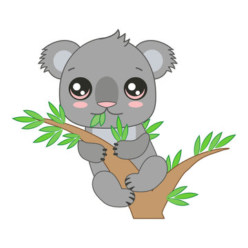Children Vector Illustration Of Funny Koala Bear On Eucaliptus Tree. Funny Baby Koala Hanging On The Bamboo. Cartoon Vector Illustration.