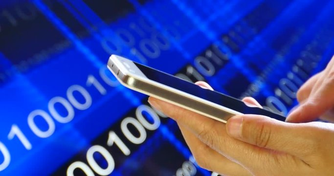 4k browsing on smartphone with Binary source code background,data digital display,future tech background.