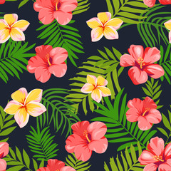 seamless pattern with tropical flowers and leaves