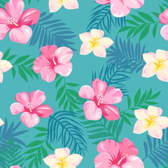 seamless pattern with tropical flowers and leaves