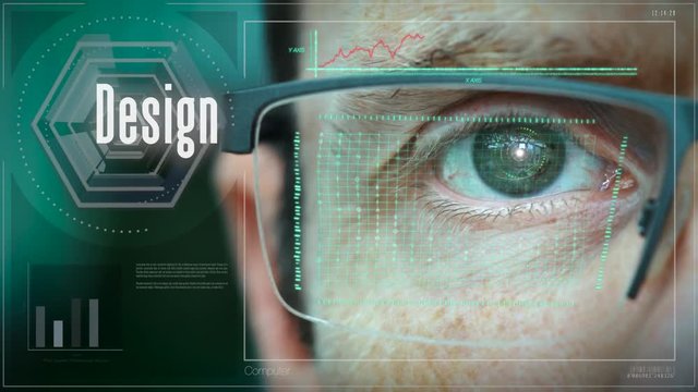 A close up of a businessman eye controlling a futuristic computer system with an Design concept.