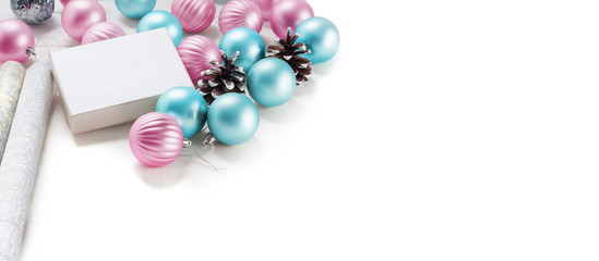 Beautiful gift box and blue and pink Christmas balls