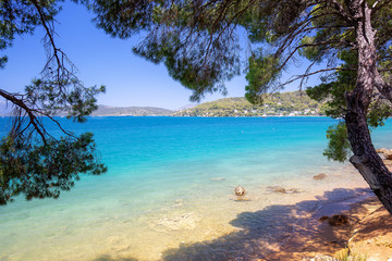 Fototapeta na wymiar Coastline in Poros Island, Greece. View from the beach