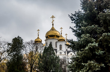 Fototapeta na wymiar Golden domes of a temple with crosses against a cloudy autumn sky