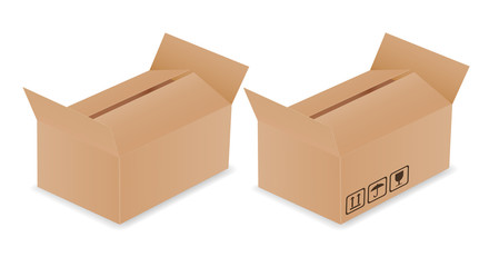 Set of two Vector realistic illustration of carton delivery box with open lid and transport symbols - isolated with space for text