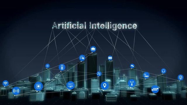 Forward moving,  Various IoT sensor icon on Smart city, Smart Building connecting 'Artificial Intelligence' technology. 4k animation.