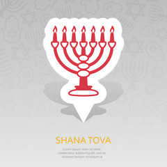 Menorah. Rosh Hashanah pin map icon. Shana tova