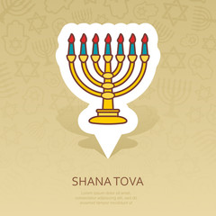 Menorah. Rosh Hashanah pin map icon. Shana tova