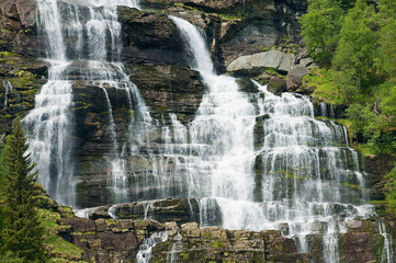 Tvindefossen waterfall with 150 meters drop, the tourist attraction 12 km north of Voss, Norway.