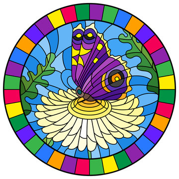 Illustration in stained glass style with a bright purple butterfly on a yellow flower, round image in a bright frame