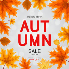 Abstract Vector Illustration Autumn Sale Background with Falling Autumn Leaves