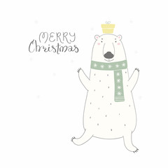 Hand drawn vector illustration of a cute funny polar bear in a scarf, with present, lettering quote Merry Christmas. Isolated objects on white background. Flat style design. Concept for card, invite.