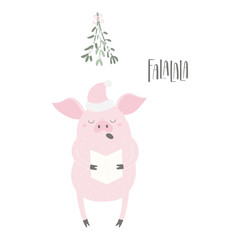Hand drawn vector illustration of a cute funny pig in a Santa hat, singing, with lettering quote Falalala. Isolated objects on white background. Flat style design. Concept for Christmas card, invite.