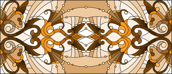 Illustration in stained glass style with abstract  swirls and leaves  on a light background,horizontal orientation, sepia
