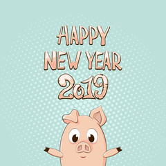 Fototapeta na wymiar Happy New Year and little pig on blue background