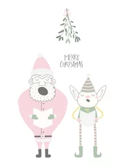 Zelfklevend Fotobehang Hand drawn vector illustration of a cute funny singing Santa and elf, with quote Merry Christmas. Isolated objects on white background. Flat style design. Concept for Christmas card, invite. © Maria Skrigan