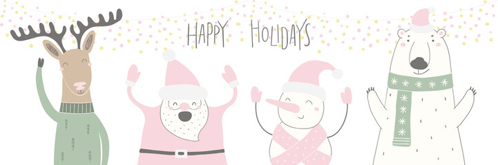 Hand drawn vector illustration of a cute funny Santa, deer, polar bear, snowman, with quote Happy holidays. Isolated objects on white background. Flat style design. Concept for Christmas card, invite.