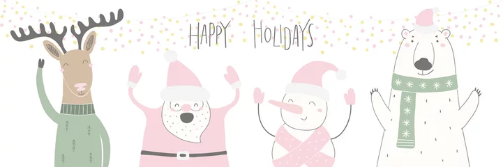  Hand drawn vector illustration of a cute funny Santa, deer, polar bear, snowman, with quote Happy holidays. Isolated objects on white background. Flat style design. Concept for Christmas card, invite. © Maria Skrigan