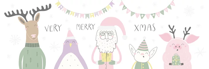 Zelfklevend Fotobehang Hand drawn vector illustration of a cute funny Santa, deer, penguin, elf, pig, with quote Very Merry Xmas. Isolated objects on white background. Flat style design. Concept for Christmas card, invite. © Maria Skrigan