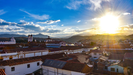 Sunset views over the rooftops of Sucre from the Parador Santa Maria la Real, Sucre, Bolivia