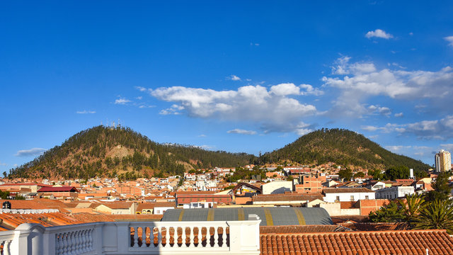 Sunset views over the rooftops of Sucre from the Parador Santa Maria la Real, Sucre, Bolivia