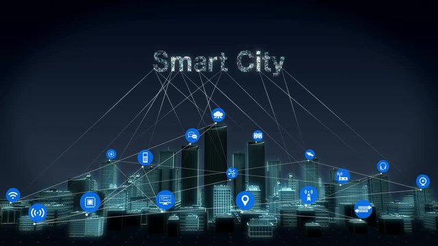 Forward moving,  Various IoT sensor icon on Smart city, Smart Building connecting 'Smart City' IoT. 4k animation.