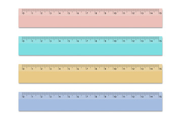 Set rulers of school different colors 15 centimeters. Vector design elements on isolated white background.