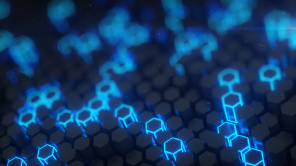 Hexagonal structure with blue neon light 3D render