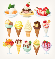 Set of colorful vector multilayered ice creams of different kind and various flavors with numerous sundaes, toppings and fruit on top. 