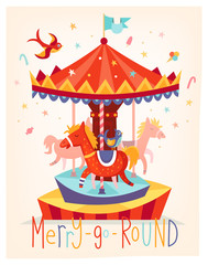 Merry go round ride with horses and birds flying around at amusement park. Cute cartoon vector illustration for children
