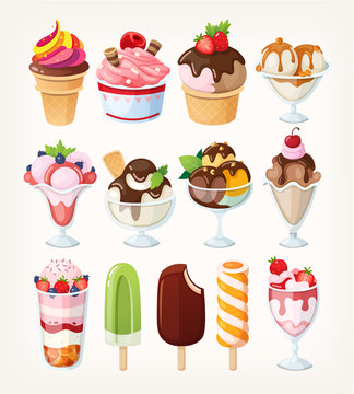 Collection of vector ice creams in different cups and of various flavors with colorful toppings and fruit on top. 