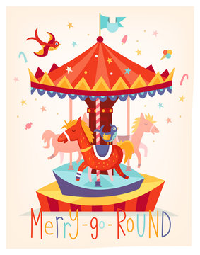 Merry go round ride with horses and birds flying around at amusement park. Cute cartoon vector illustration for children