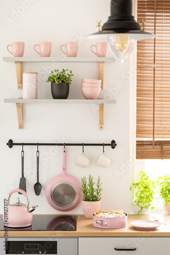 Real Photo Of Kitchen Interior With Pastel Pink Mugs And