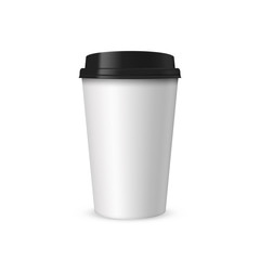 Blank realistic coffee or tea white papet cup mockup with black cover. Template for brand design. Vector illustration