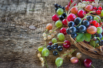 Different type of fresh berry fruits in the bucket  on wooden background.