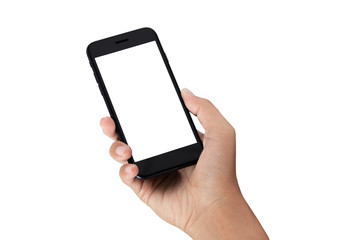 hand holding smartphone isolated on white background - clipping paths