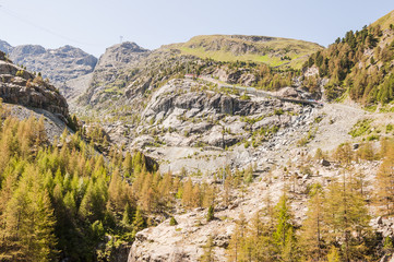 Zermatt, Furi, Hängebrücke, Wanderweg, Alpen, Walliser Berge, Bergbahn, Gletscher, Gletscherrückgang, Gornera, Wildbach, Lärchenwald, Herbst, Wallis, Schweiz