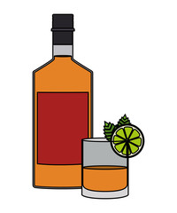 glass cocktail with fruit and bottle vector illustration design