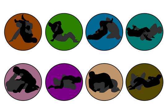 Set of 8 icons of different colors Jiu Jitsu