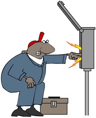 Illustration of a black electrician wearing coveralls sticking his hand into a large circuit breaker box with sparks coming out.