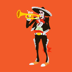 El mariachi skeleton musician. Trumpeter character isolated on red background. Dia de los muertos vector illustration.