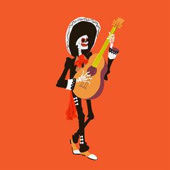 El mariachi skeleton musician. Guitarist character isolated on red background. Dia de los muertos vector illustration.