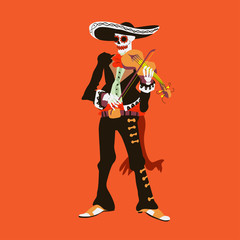 El mariachi skeleton musician. Violinist character isolated on red background. Dia de los muertos vector illustration.