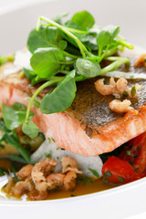 plated salmon steak meal