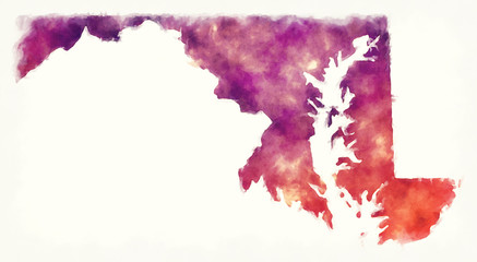 Maryland state USA watercolor map in front of a white background