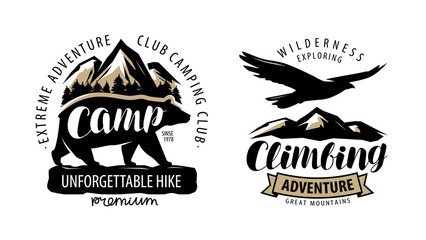 Camping, climbing logo or label. Hike, camp emblem. Vintage vector