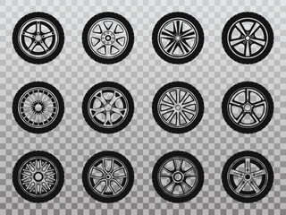 Isolated wheel, tyre and tire collection of icons. - obrazy, fototapety, plakaty