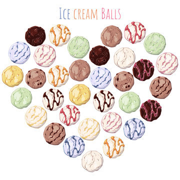 Group of vector colorful illustrations on the sweets theme; set of different kinds of ice cream ballls grouped in the heart.