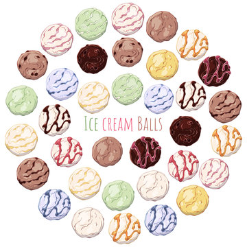 Group of vector colorful illustrations on the sweets theme; set of different kinds of ice cream balls grouped in the circle.